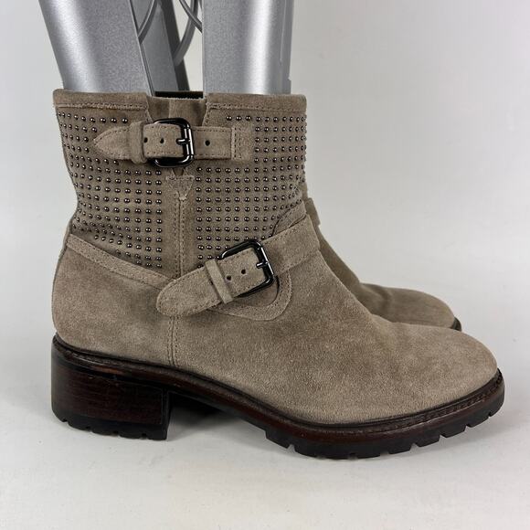 Coach Gates women's size 7.5 grey taupe suede bronze stud ankle moto booties - Picture 2 of 11